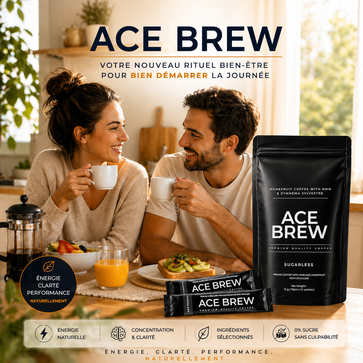 Dynace Ace Brew ingrédients — Arabica, Robusta, NMN, Gymnema et monk fruit