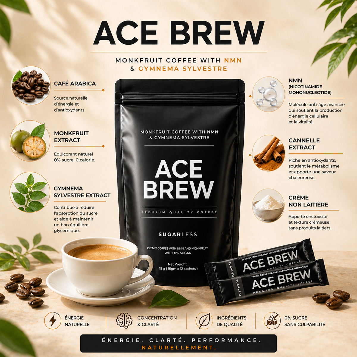 Dynace Ace Brew lifestyle — café sans sucre à savourer le matin