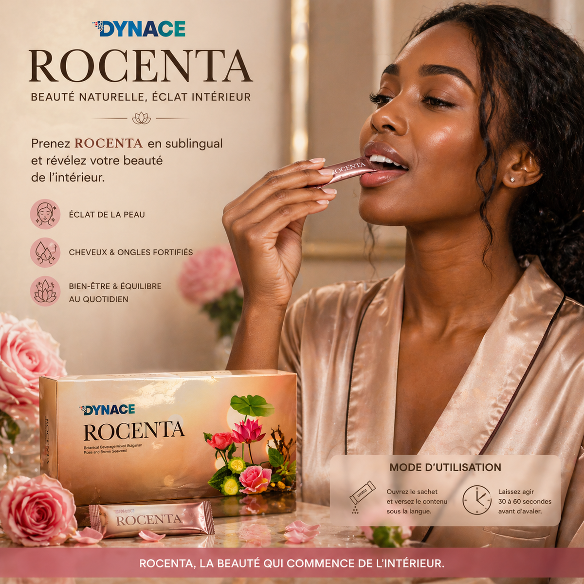 Dynace Rocenta — détail du packaging, complément alimentaire en sticks